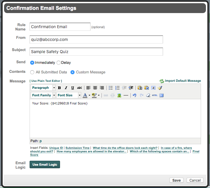 Add Online Quiz Score to Confirmation Email