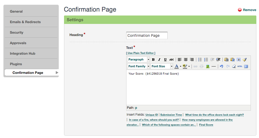 Add Online Quiz Score to Your Confirmation Page