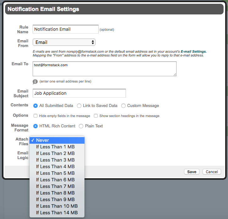 Notification Email Web Form Attachment Settings