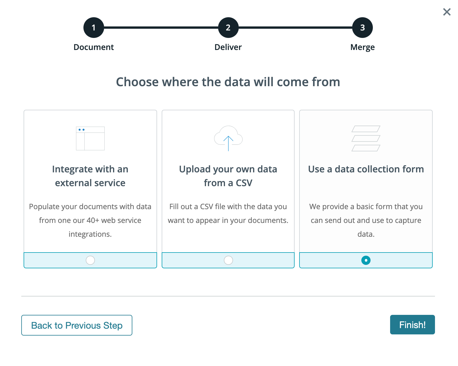 Formstack Documents choose your data source screenshot